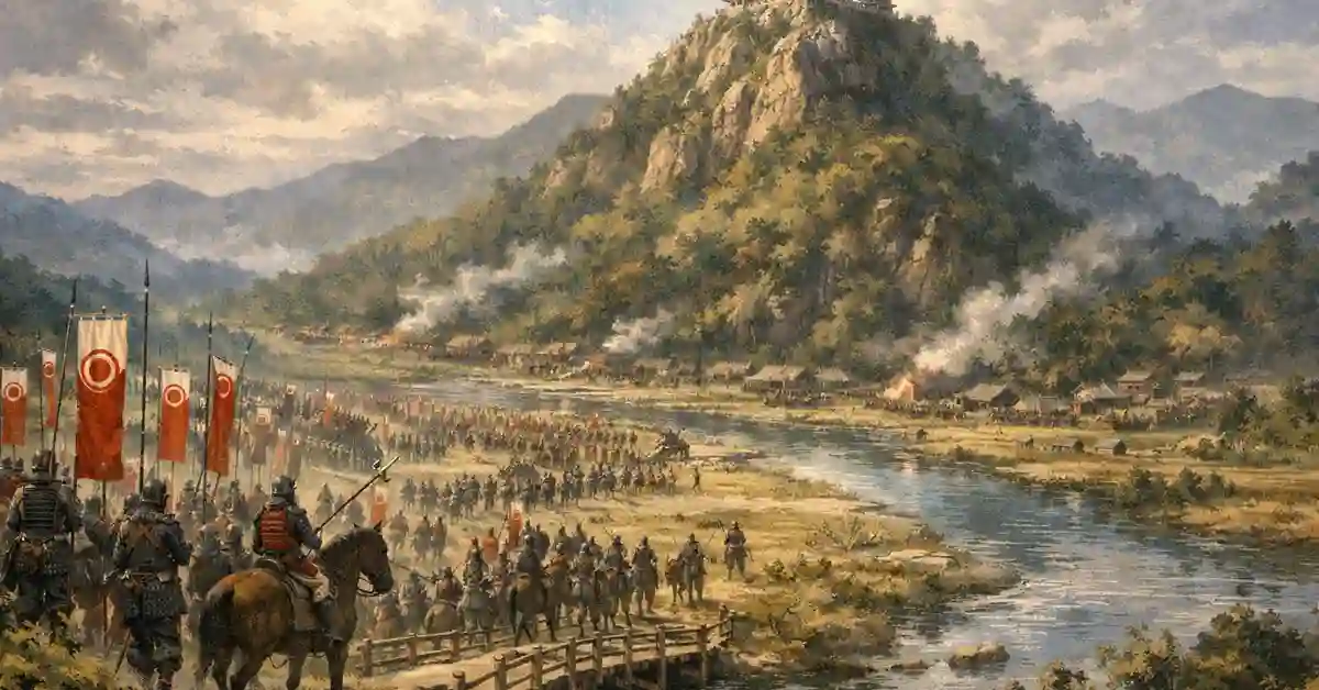 金華山の稲葉山城と木橋を渡って進軍する織田軍の大軍勢