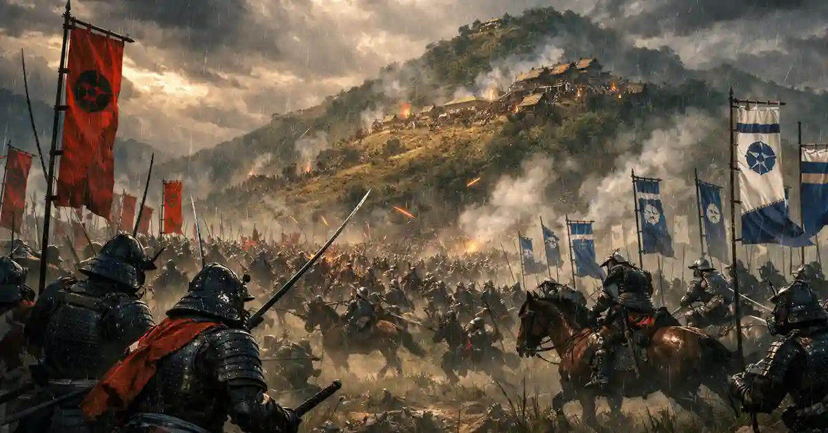 豪雨の中、桶狭間の戦いで赤と青の旗を掲げた samurai たちが激突し、奥の丘の砦から炎と煙が立ちのぼる瞬間を描いたイラスト