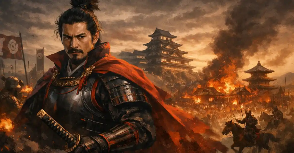 織田信長の甲冑武将が夕焼けの戦場に立ち、背後で城と寺院が炎上し兵が突撃する合戦前夜のイメージ