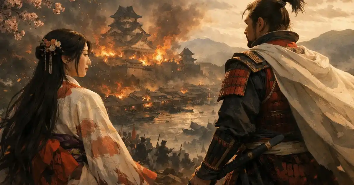 お市の方と織田信長が燃え上がる城下町と城を丘の上から見下ろしている戦国時代のイメージ