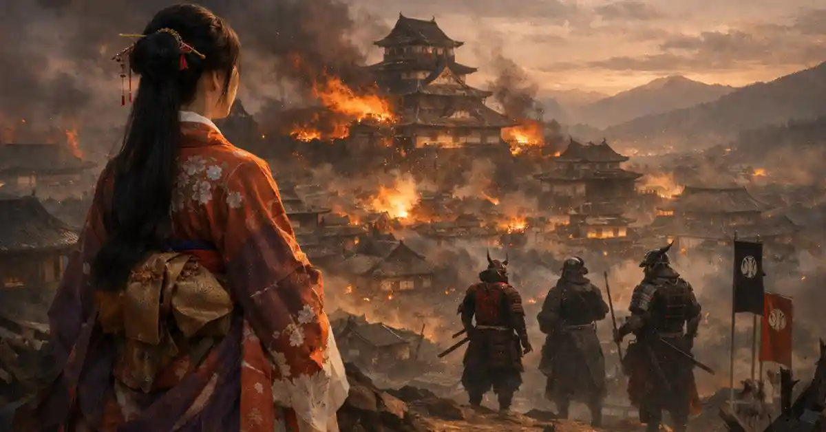 お市の方を思わせる女性が山上から炎上する城下町と城と武士たちを見つめる戦国時代のイメージ