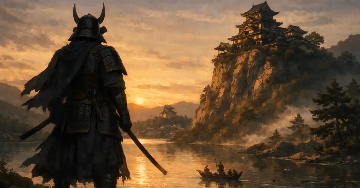 薄暗い城内で大沢次郎左衛門と若き豊臣秀吉が向かい合い、美濃攻めと暗殺疑惑を連想させる緊張感ある対面シーンのイメージイラスト