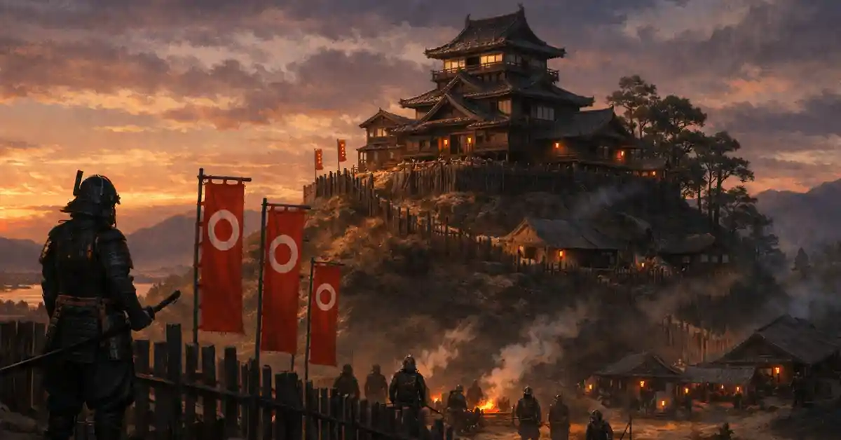 丘の上の城郭と赤い旗指物、焚き火を囲む坂井喜左衛門たちを横長構図で描いたイラスト