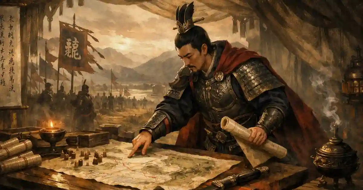 夕暮れの軍営で、甲冑と赤い軍旗に囲まれた曹操が、巻物を片手に大きな地図の上へ指を置き、作戦を練っているイラスト