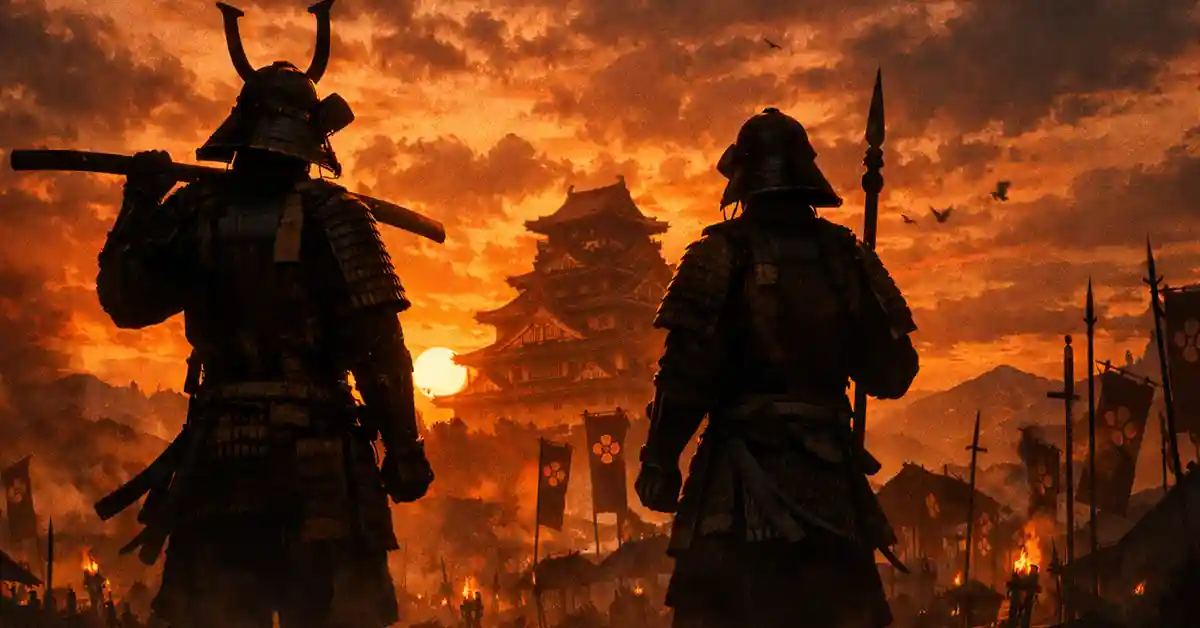 夕焼け空の下、城を望む二人の武将のシルエット（豊臣兄弟をイメージ）