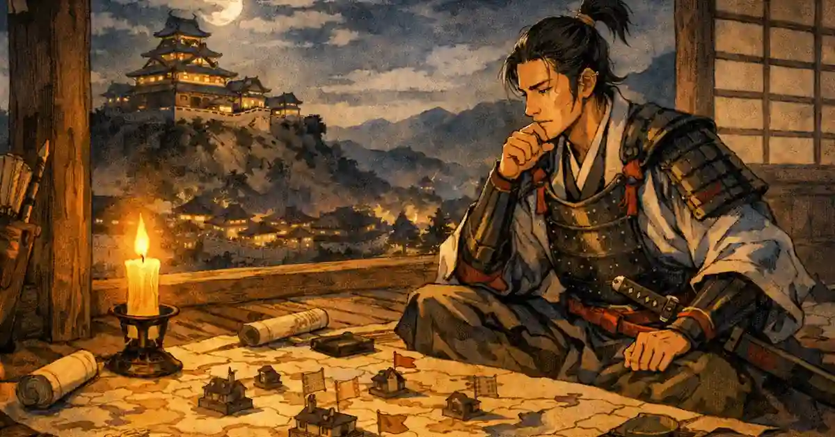 月夜の稲葉山城を遠景に、ろうそくの灯りの下で軍議の地図を見つめ思案する若い甲冑姿の武将（竹中半兵衛イメージ）の和風イラスト
