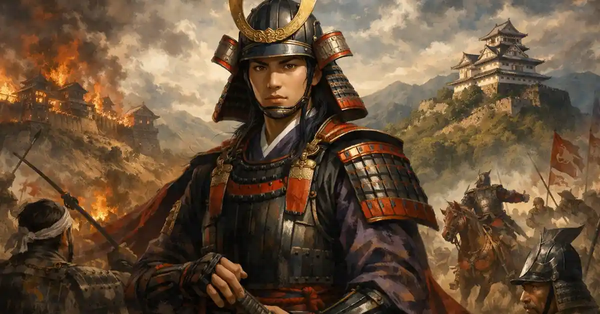 稲葉山城の落城を思わせる山城の炎上と、甲冑をまとった若い斎藤龍興が中央に立つ合戦風景