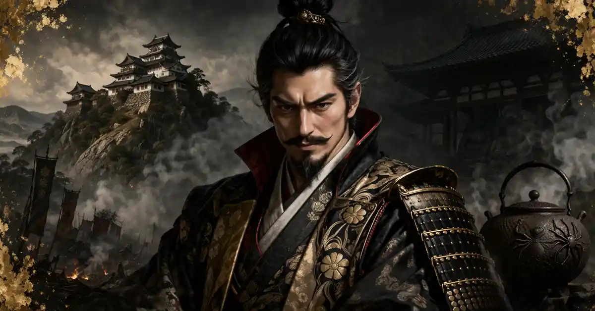 戦国時代風の甲冑をまとった松永久秀が、炎と煙に包まれた城や戦場を背に、腕を組んで佇むイラスト