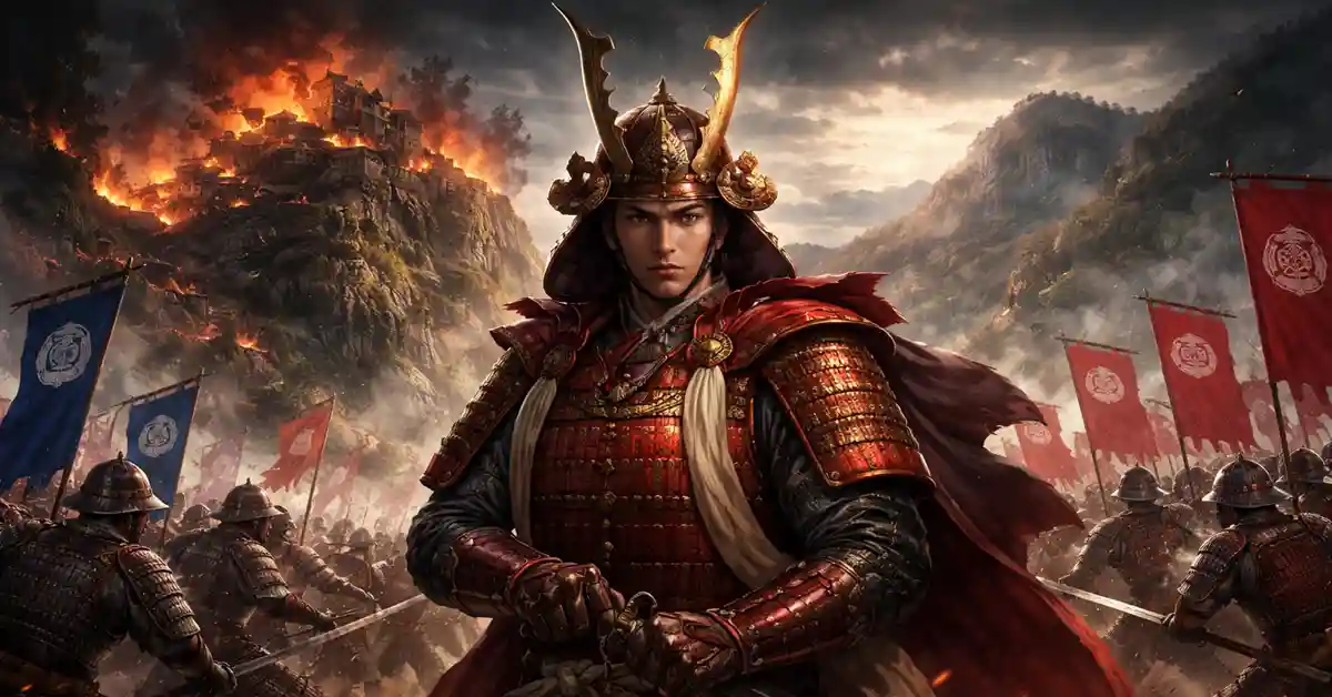 戦国時代の武将・浅井長政をイメージした甲冑姿の人物と、燃える山城と軍勢が広がる合戦風景