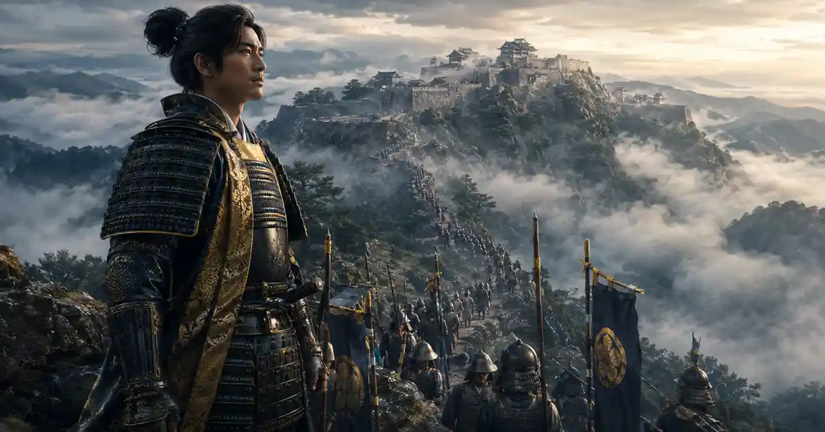 竹田城を望む山道で兵を率いる甲冑姿の豊臣秀長を描いた戦国時代のイメージ画像