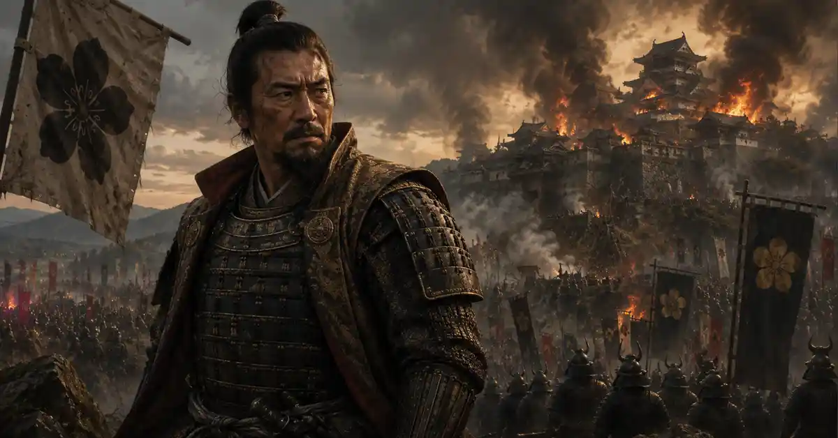 荒木村重と炎上する有岡城の戦いを描いた戦国時代のイメージ画像